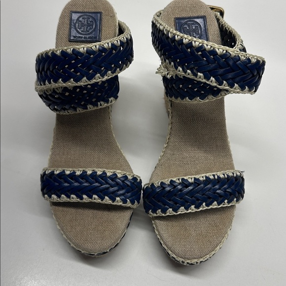 Tory Burch Lilah Wedges Espadrille Sandals High Heel Shoes Brown Navy Blue 8 - Picture 8 of 12